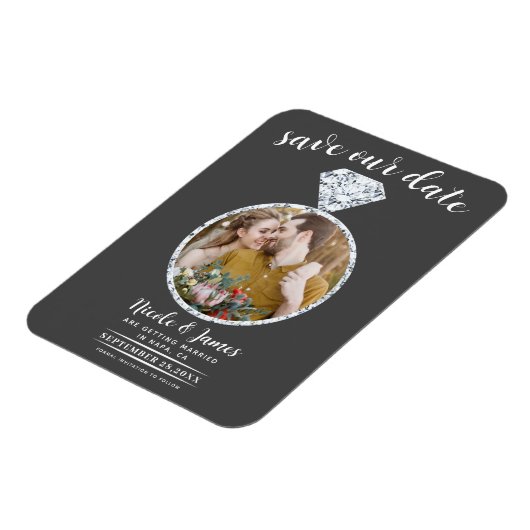 Dunkelgraues Diamantring-Bling-Foto Save the Date Magnet (Linke Seite)