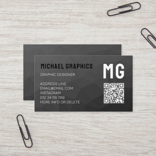 Dunkelgraues geometrisches Maschenmuster QR-Code M Visitenkarte (Vorderseite/Rückseite Beispiel)