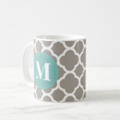 Dunkelgraues Monogramm Pink Quatrefolienmuster Kaffeetasse (Vorderseite Links)