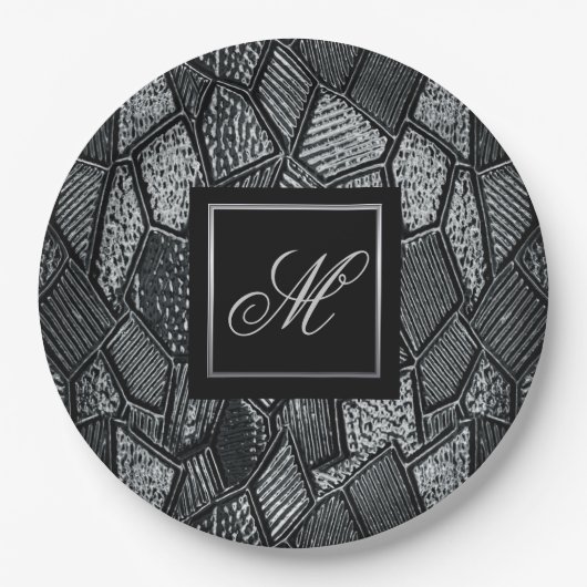 Dunkelgraues Mosaikglas Mit Monogramm Pappteller (Vorderseite)