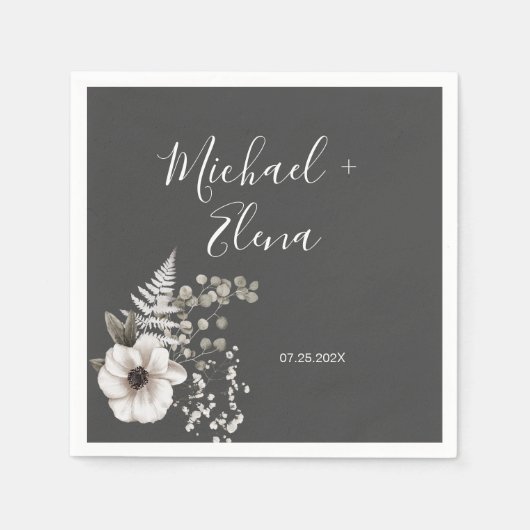 Dunkelgraues und weißes Blumenpapier Serviette (Vorderseite)
