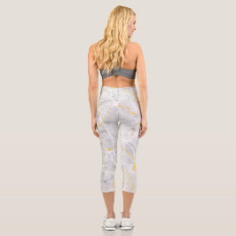 Dunkelgraues weißes Goldfolienmuster Capri Leggings