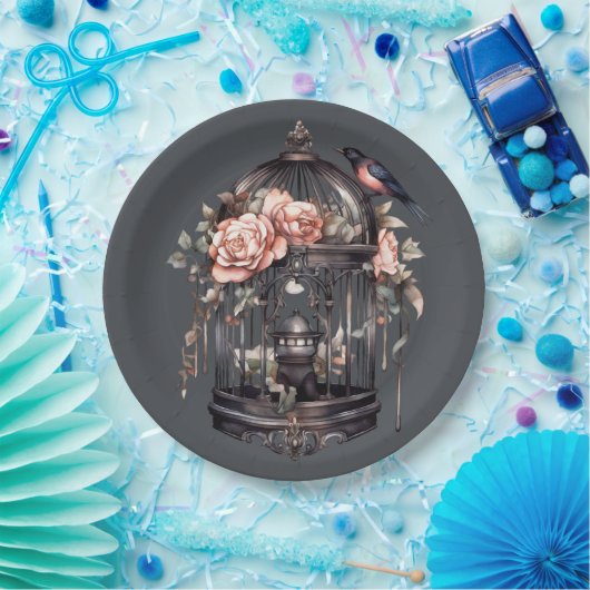 Dunkelgraugotische schwarz-rosa Birdcage-Dusche Pappteller (Party)