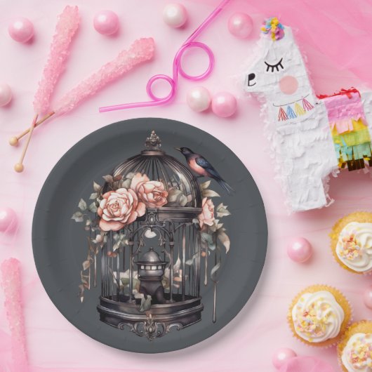 Dunkelgraugotische schwarz-rosa Birdcage-Dusche Pappteller (Party)