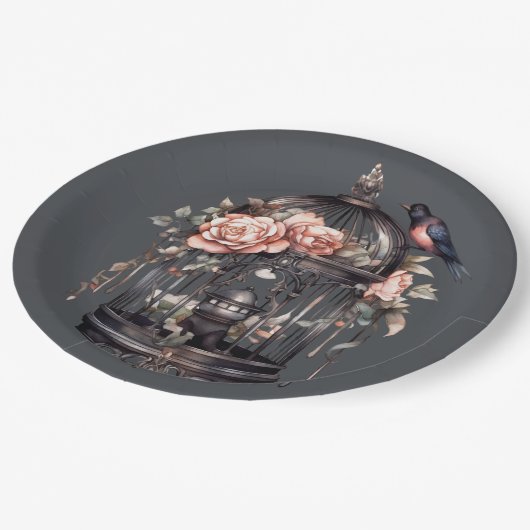 Dunkelgraugotische schwarz-rosa Birdcage-Dusche Pappteller (Schrägansicht)