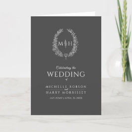 Dunkelgrauweißes Oval-Blatt-Monogramm-Hochzeitspro Programm