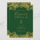 Dunkelgrün & goldene Spitzen Elegant Sweet 16 Part Einladung (Vorne/Hinten)