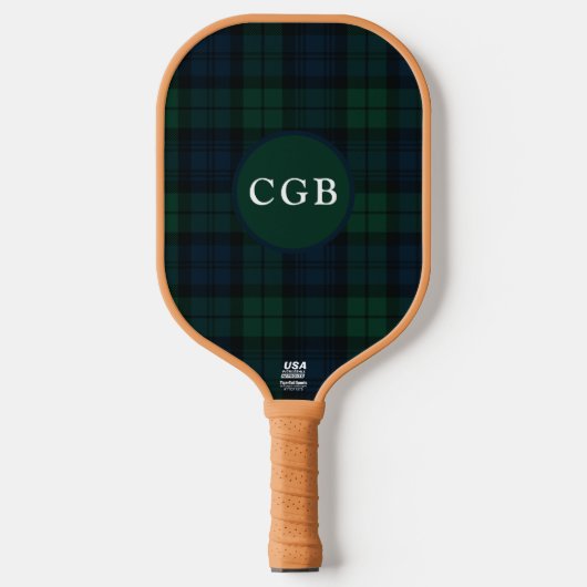 Dunkelgrün kariert mit Monogramm Pickleball Schläger (Vorderseite)