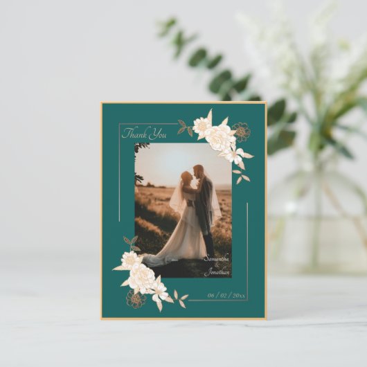 Dunkelgrün mit Creme Rose Hochzeit Danke Postkarte (Stehend Vorderseite)