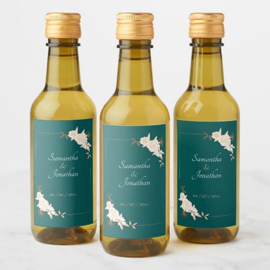 Dunkelgrün mit Creme-Rose Hochzeit Weinetikett (Flaschen)