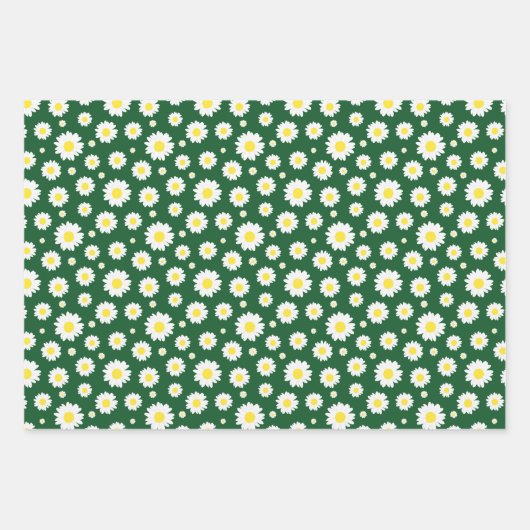 Dunkelgrün mit gelbem weißem Daisy-Blume-Muster Geschenkpapier Set (Vorderseite 2)