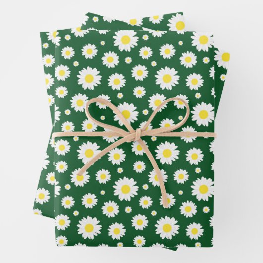 Dunkelgrün mit gelbem weißem Daisy-Blume-Muster Geschenkpapier Set (Beispiel)