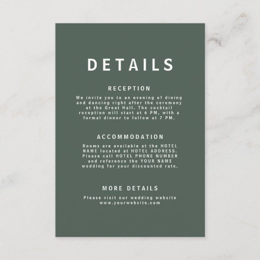 Dunkelgrün | Moss Minimalistisch Scandi Modern Wed Begleitkarte (Vorderseite)