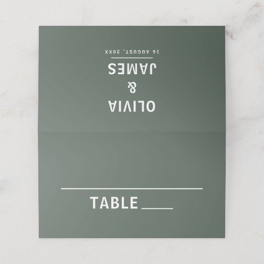 Dunkelgrün | Moss Minimalistisch Scandi Modern Wed Platzkarte (Außenseite Aufgefaltet)