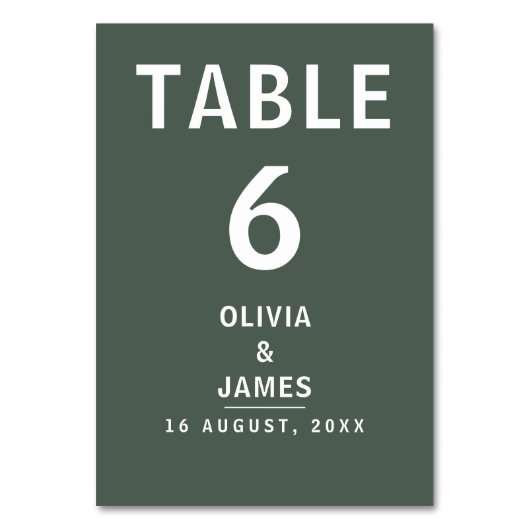 Dunkelgrün | Moss Minimalistisch Scandi Modern Wed Tischnummer (Vorderseite)