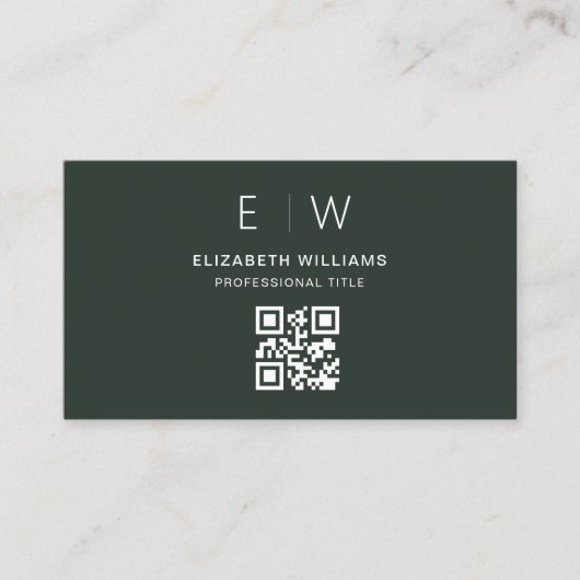 Dunkelgrün QR-Code Monogram Minimalistisch Modern Visitenkarte (Vorderseite)