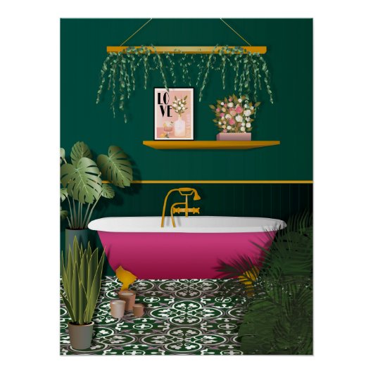 Dunkelgrün Romantisches Badezimmer | Pink Bathtub Poster (Vorderseite)