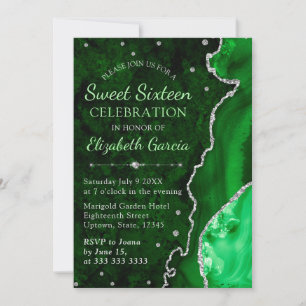 Dunkelgrün & Silber Glitter Achat-Marmor Sweet 16 Einladung