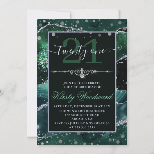 Dunkelgrün & Silberne Imitate Glitzer Agate Birthd Einladung (Vorderseite)