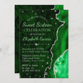 Dunkelgrün & Silberner Glitzer Agate Marmor Süß 16 Einladung (Vorne/Hinten)