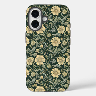 Dunkelgrün stilisierte gelbe Blumen Muster iPhone 16 Hülle