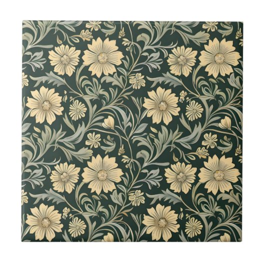 Dunkelgrün stilisierte gelbe Blumen Muster  Fliese (Vorderseite)