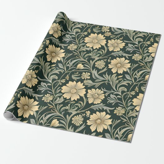 Dunkelgrün stilisierte gelbe Blumen Muster Geschenkpapier (Ungerollt)