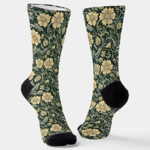 Dunkelgrün stilisierte gelbe Blumen Muster  Socken
