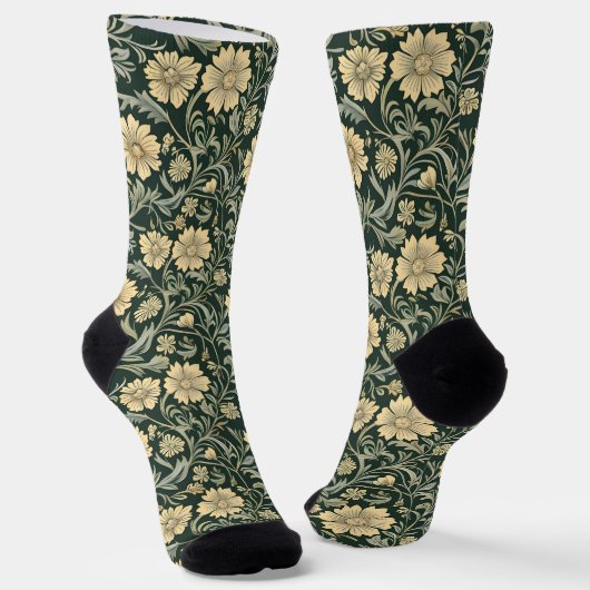 Dunkelgrün stilisierte gelbe Blumen Muster Socken (Gewinkelt)