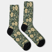 Dunkelgrün stilisierte gelbe Blumen Muster Socken (Rechts)
