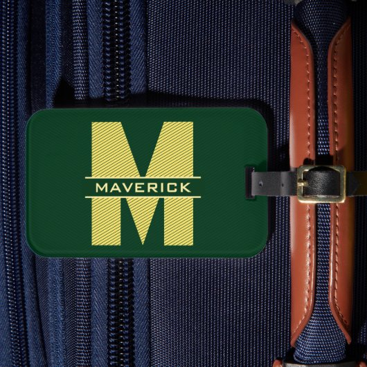 Dunkelgrün und gelb Monogramm Name Moderne Maskuli Gepäckanhänger (Vorderseite Insitu 4)
