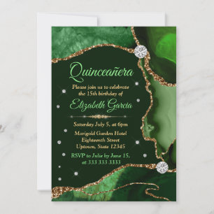 Dunkelgrün und Gold Faux Glitter Achat Quinceanera Einladung