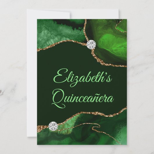 Dunkelgrün und Gold Imitats Glitzer Agate Quincean Einladung (Rückseite)