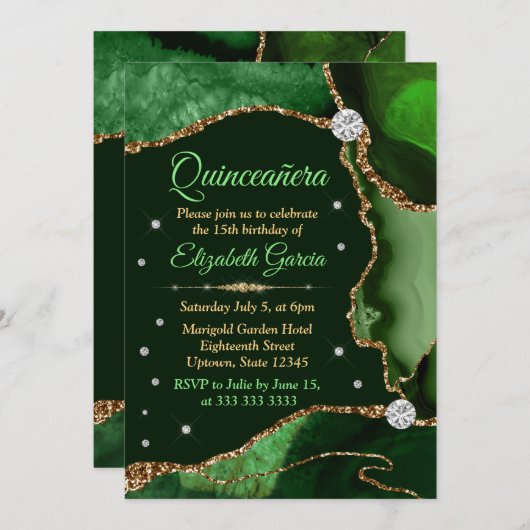 Dunkelgrün und Gold Imitats Glitzer Agate Quincean Einladung (Vorne/Hinten)