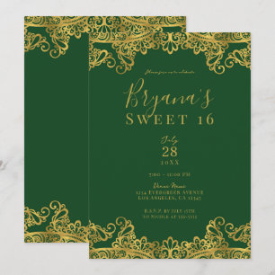 Dunkelgrün und goldene Spitze Elegante Sweet 16 Pa Einladung