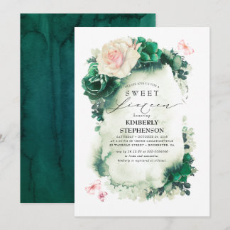 Dunkelgrün und rosa Blumengebäck Bohemisch Sweet 1 Einladung