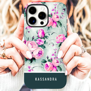 Dunkelgrün und rosa floraler Name iPhone 16 Pro Max Hülle