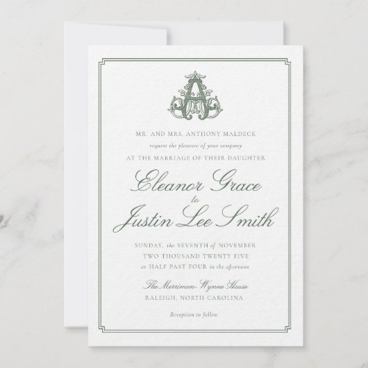 Dunkelgrüne "A" Monogramm-Hochzeitseinladung Einladung (Vorderseite)