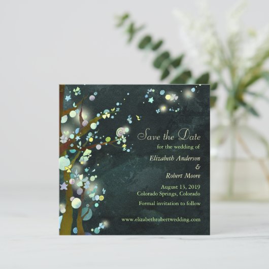 Dunkelgrüne Bäume Hochzeit speichern das Datum Save The Date (Stehend Vorderseite)