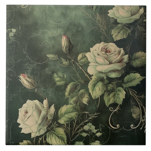 Dunkelgrüne Blush-Rose  Fliese (Vorderseite)