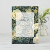 Dunkelgrüne, creme und goldene Blumenhochzeit Einladung (Stehend Vorderseite)