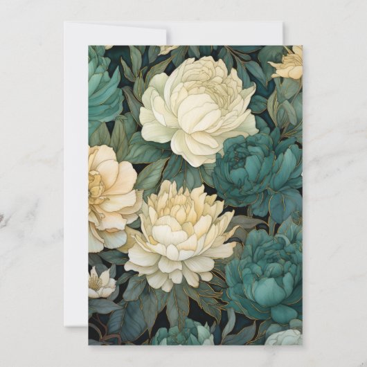 Dunkelgrüne, creme und goldene Blumenhochzeit Einladung (Rückseite)