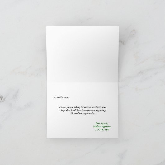 Dunkelgrüne "danke für das Interview" Karte (Innenseite)