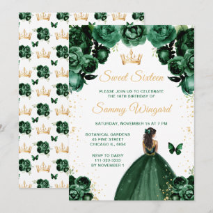 Dunkelgrüne Dark Skin Prinzessin Sweet Sixteen Einladung
