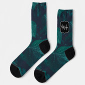 Dunkelgrüne Efeu-Blätter Wasser fällt Monogramm Socken (Linkes Detail)