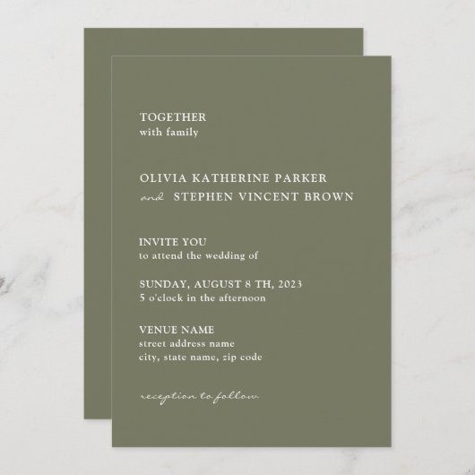 Dunkelgrüne, einfache Typografie, moderne Hochzeit Einladung (Vorne/Hinten)