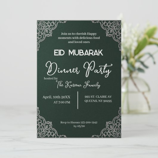 Dunkelgrüne elegante EID MUBARAK Einladung (Stehend Vorderseite)