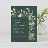 Dunkelgrüne, elegante, moderne botanische Hochzeit Einladung (Stehend Vorderseite)