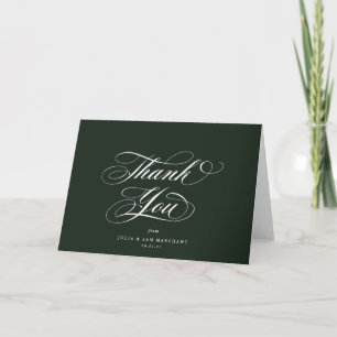 Dunkelgrüne, elegante Script-Blank-Hochzeit Dankeskarte