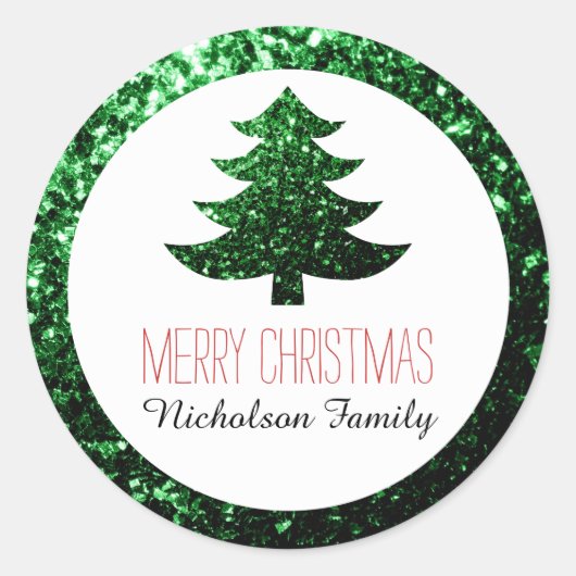 Dunkelgrüne Glitzern Weihnachtsbaumgeschenk-Tag Runder Aufkleber (Vorderseite)